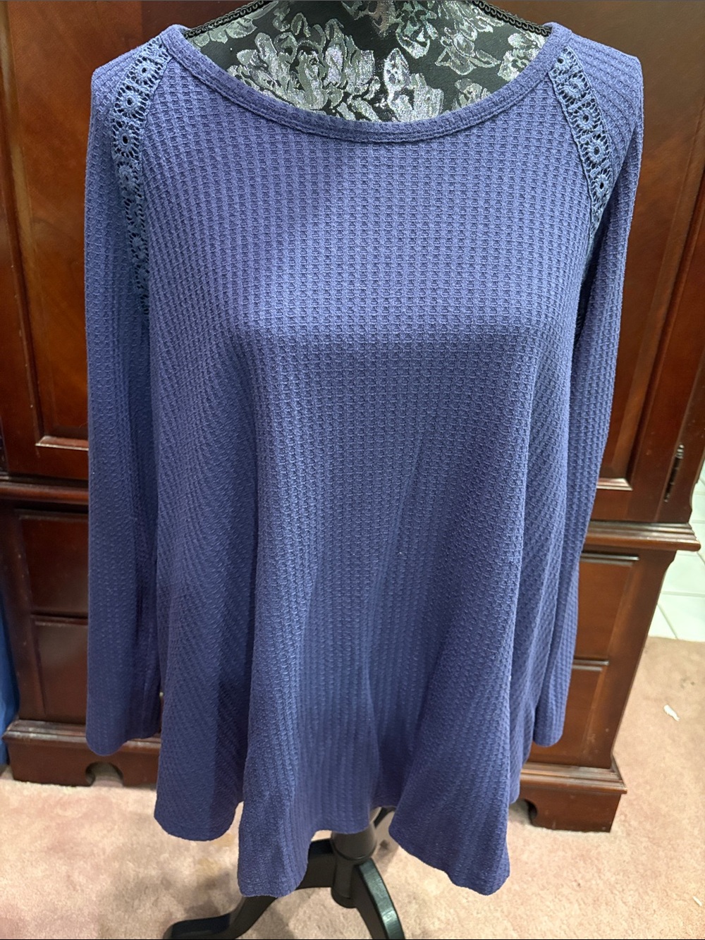 Women's Purple Long-Sleeve Waffle Knit Top with Lace Shoulder & back accent.